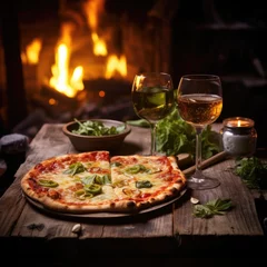 Foto op Aluminium Rustic wooden table with pizza Margarita with fire in the back owen. generative ai © alexanderuhrin