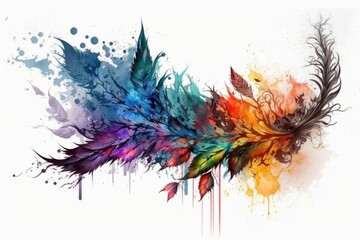 Colorful feathers with watercolor splashes isolated on white background