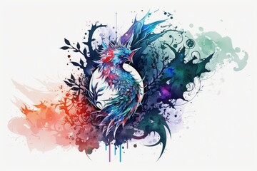 Colorful rooster on a grunge background with watercolor splashes