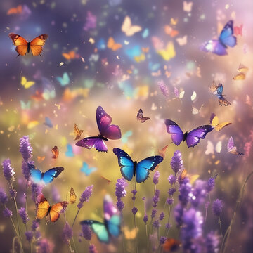  A sunny summer nature background sets the stage for a breathtaking display of beauty. Graceful butterflies flutter amidst a mesmerizing sea of lavender flowers, bathed in the golden hues of sunlight.