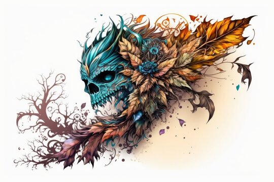 Skull with colorful feathers. Hand-drawn illustration on white background