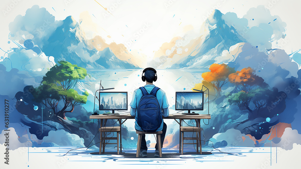 Aufkleber student at the table view from the back learning global drawing picture graphics