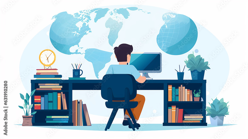 Aufkleber student at the table view from the back learning global drawing picture graphics