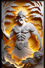Greek god and grateful light and shadow, lighting and thunder, paper art, paper cut style