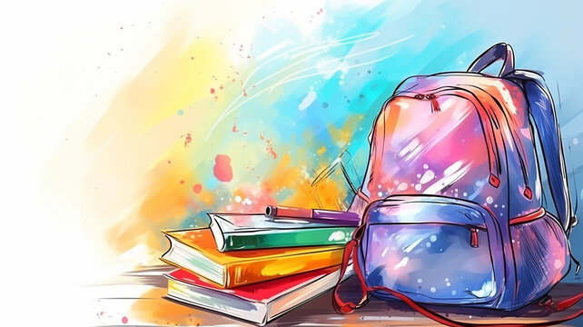 school backpacks school supplies on white background light watercolor painting drawing back to school