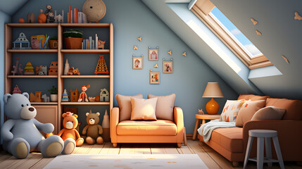 Interior of modern children's room with toy and furniture, playroom, kids room blue theme for house advertising and background Generative AI