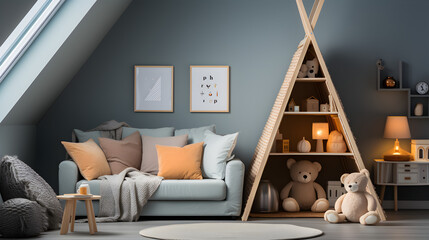 Interior of modern children's room with toy and furniture, playroom, kids room blue theme for house advertising and background Generative AI