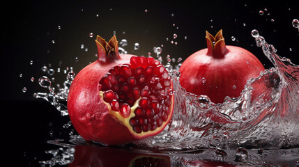 Ripe pomegranate in splashes of water on a dark background.