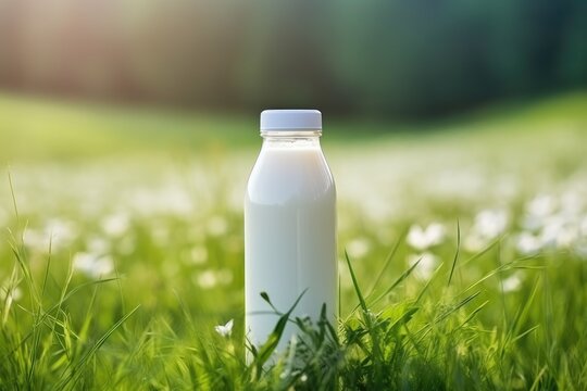 A bottle of fresh milk on a sunny summer farm meadow, grass, nature and plants. Mockup, eco food, dairy products concept.