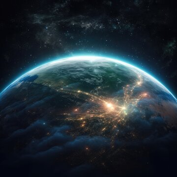 Nightly Earth in the outer space. Generative ai © alexanderuhrin