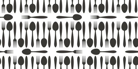 Silhouettes of spoons and forks. Seamless vector kitchen pattern. Vector for print, interior, wallpaper.
