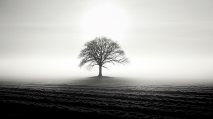 a lonely tree in a field without leaves fog branches.