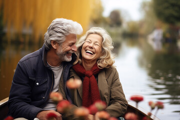 Lifestyles, love and leisure concept. Beautiful happy middle aged couple lifestyle portrait. Generative AI