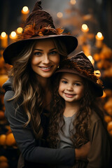 Fototapeta premium Mom and daughter in witch's hats on Halloween. Generative AI