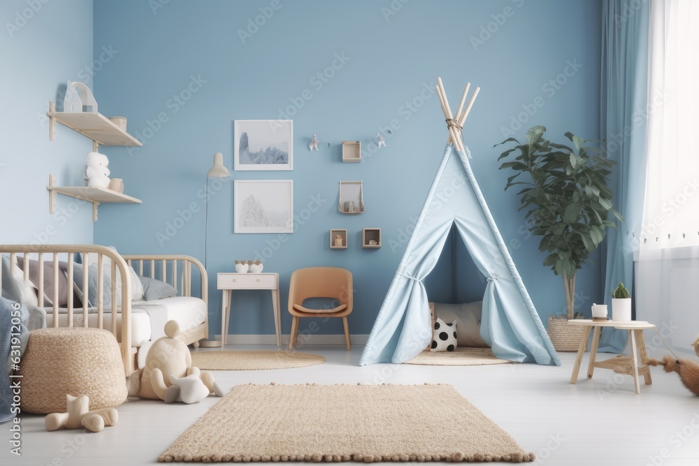 Poster interior of a blue kid's room for mockup. Generative AI