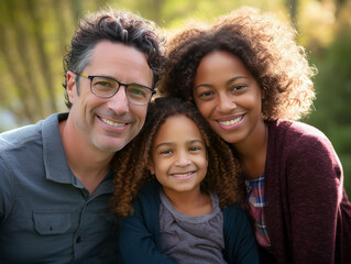 Casual close-up portrait of mixed-race family of white father, black mother, and biracial daughter.  All are looking at the camera and smiling. - Powered by Adobe