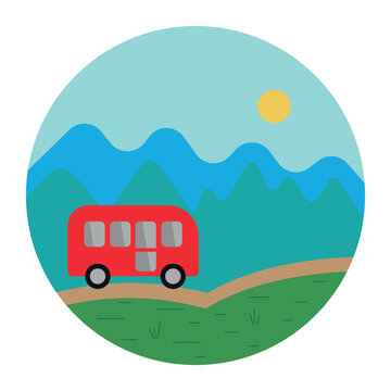 Summer holiday road trip with bus , mountain landscape. Vector illustration.