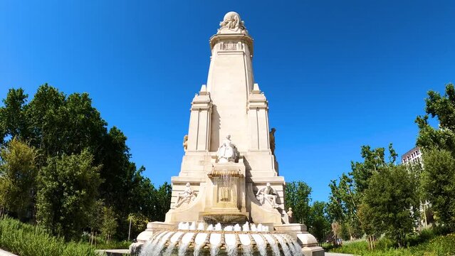 North-eastern side of the Cervantes monument on the Square of Spain in Madrid, Spain