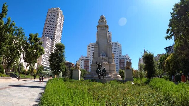 Stone sculpture of Miguel de Cervantes and bronze sculptures of Don Quixote and Sancho Panza on the Square of Spain in Madrid, Spain