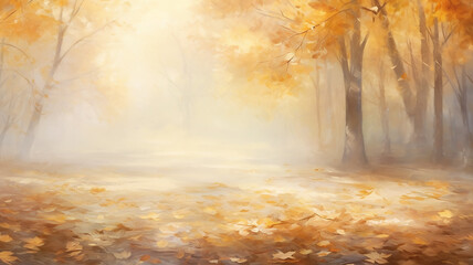 blurred background in autumn park foggy morning landscape with copy space.