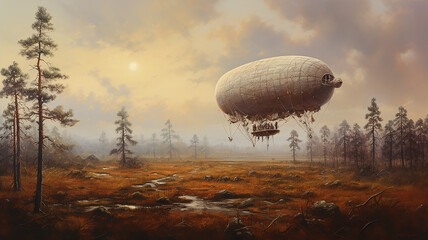 vintage aerostat flies over a swamp landscape mysterious lost island fantasy world.