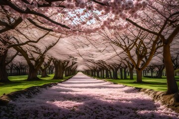 A beautiful cherry blossom garden in full bloom, capturing the essence of spring