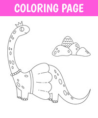 Brachiosaurus princess coloring page, cute print with line girl dinosaur. Printable worksheet with solution for school and preschool.