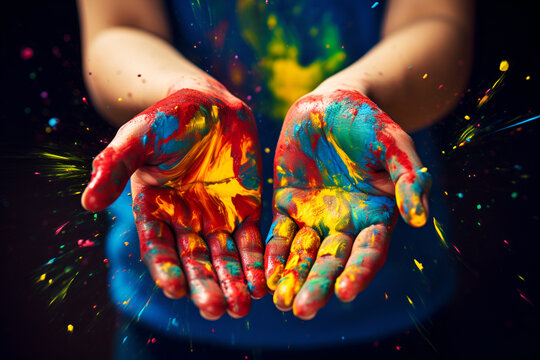 Cute hand-drawn child's hands in multi-colored paints, with iridescent splashes in the background, a celebration of color, drawings from the heart. created by AI
