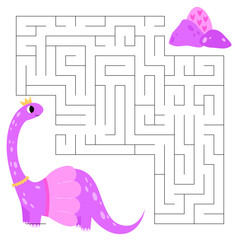 Princess brachiosaurus maze game for kids. Cute pink dinosaur looking for a way to the dinosaur egg. Printable worksheet with solution for school and preschool.