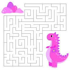 Princess tyrannosaurus maze game for kids. Cute pink dinosaur looking for a way to the dinosaur egg. Printable worksheet with solution for school and preschool.