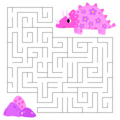Princess triceratops maze game for kids. Cute pink dinosaur looking for a way to the dinosaur egg. Printable worksheet with solution for school and preschool.
