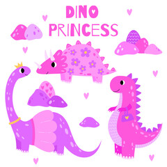 Set cute dinosaur princess. Sweet pink dino girl with crown. Cartoon funny character for nursery design, greeting card, invitation, print, party, baby shower, poster.