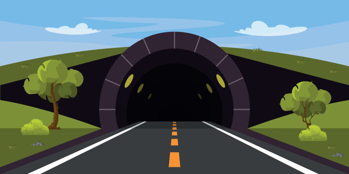 Fototapeta Vector illustration of a road tunnel in cartoon style. Road for cars, trees, grass and bushes around against a clear sky. Underground crossing with yellow illumination.
