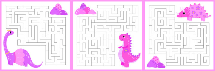 Set princess maze game for kids. Cute pink dinosaur looking for a way to the dinosaur egg. Printable worksheet with solution for school and preschool.
