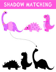Princess shadow matching activity with pink girl dinosaurs. Cute puzzle with brachiosaurus, triceratops, tyrannosaurus. Find correct silhouette printable worksheet or game.
