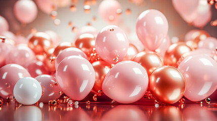  bunch of round pink and golden ballons framing copy space against pink background