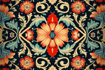 Fotobehang Floral fabric pattern. Ethnic flowers ornate elegant luxury style. Art graphic print design for carpet fabric texture textile wallpaper background backdrop rug. © Kanisorn