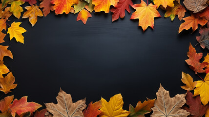Naklejka na ściany i meble background frame school chalkboard black framed with yellow autumn leaves.