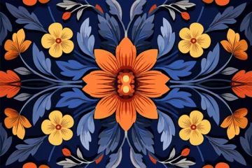 Türaufkleber Floral fabric pattern. Ethnic flowers ornate elegant luxury style. Art graphic print design for carpet fabric texture textile wallpaper background backdrop rug. © Kanisorn