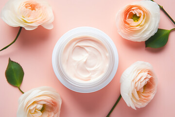 Obraz na płótnie Canvas jar of face cream with ranunculus flowers on a coral background flat lay