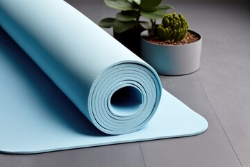 In the room, a light blue yoga mat is lying unrolled. Generative AI