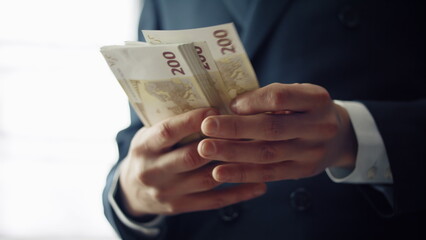 Hands counting cash european currency indoors closeup. Man calculating banknotes