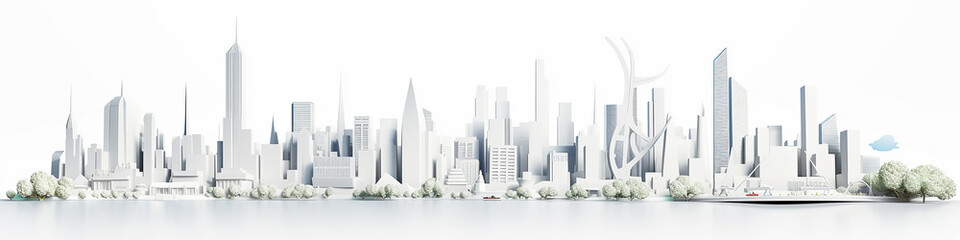white city cityline paper sculpture long panorama background layout. - obrazy, fototapety, plakaty