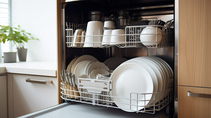 dishwasher with clean dishes in the interior of the bright cozy kitchen of the apartment.