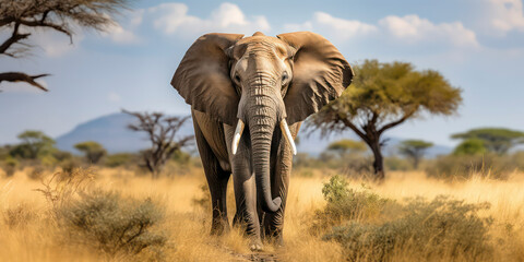 An elephant staring down the camera on an African savanna. Large mammal, elephant, hot Africa.