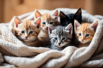 Fototapeta na wymiar Kittens Cuddling Under a Blanket