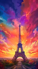 Eiffel tower with beautiful colorful sky famous photography image AI generated art