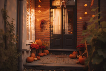 Obraz premium Autumn celebration with Halloween pumpkin and vegetables at door entrance