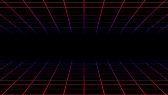 The animation progresses through the floor and ceiling of a blue and red neon grid