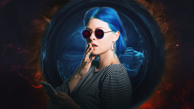 Innovative mobile technology. 5g network. Wireless connection. Impressed shocked woman in glasses using smartphone on blue red color smoke circle swirl.